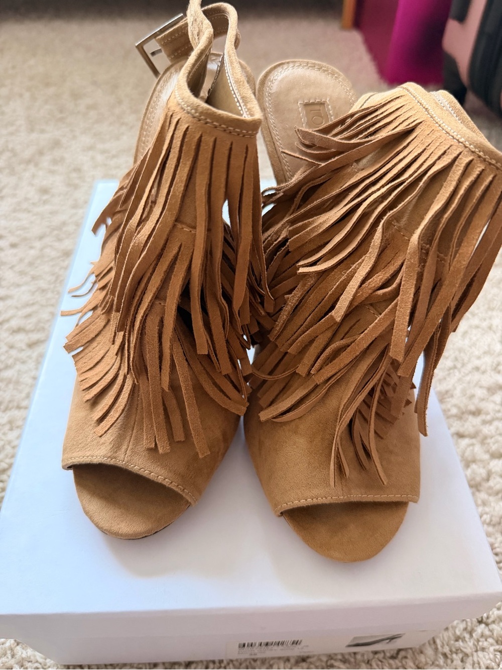 Topshop Tan Fringe Open-Toe Block Heel Sandals